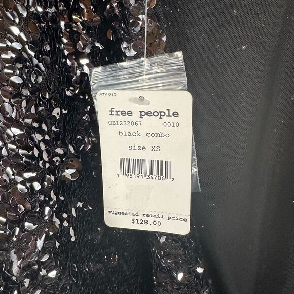Free People Open Back Black Sequin Mockneck Lined Shirt Top Bell Sleeve XS NWT - Picture 7 of 11